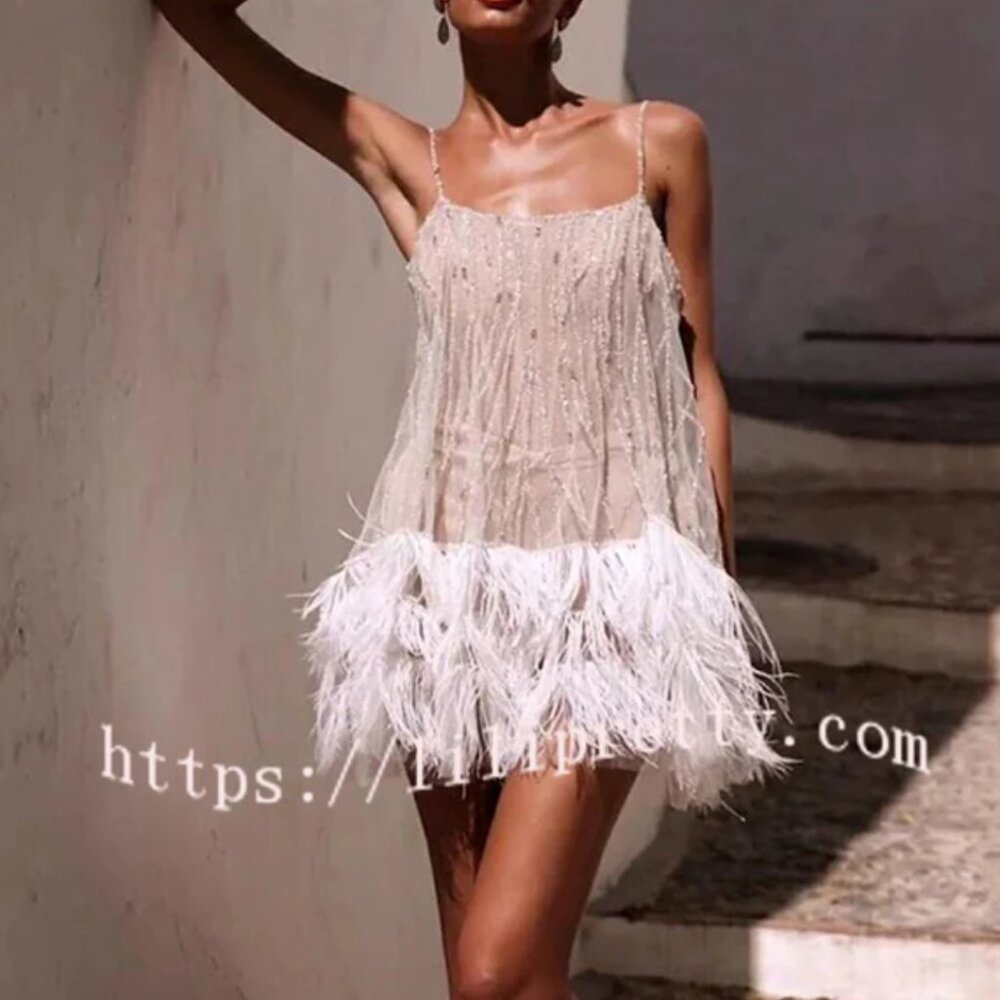 Lilipretty Fairy Lights Sequin Layered Feather Fringed Mesh Mini Dress